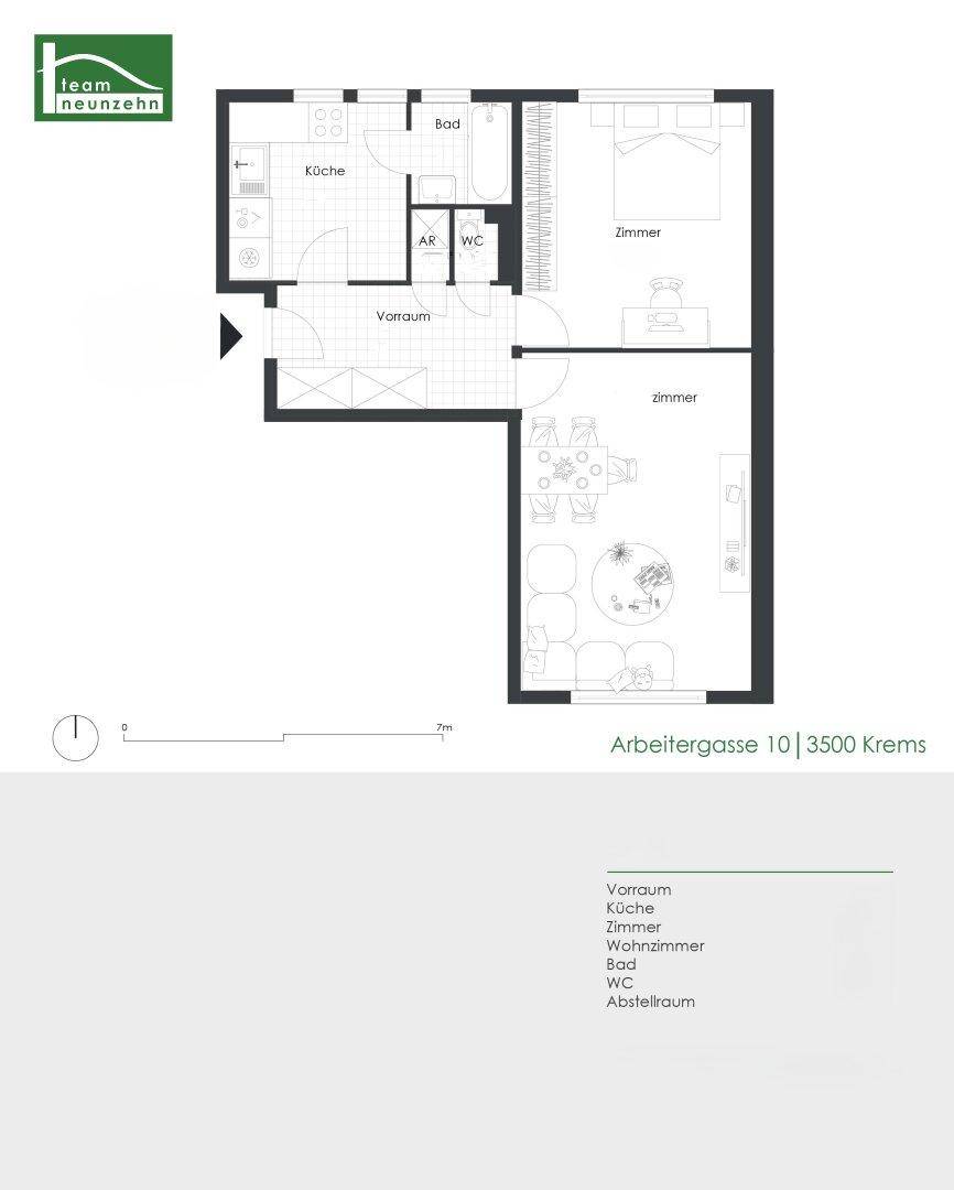 Grundriss einer Wohnung mit Küche, Bad, WC und einem Balkon.