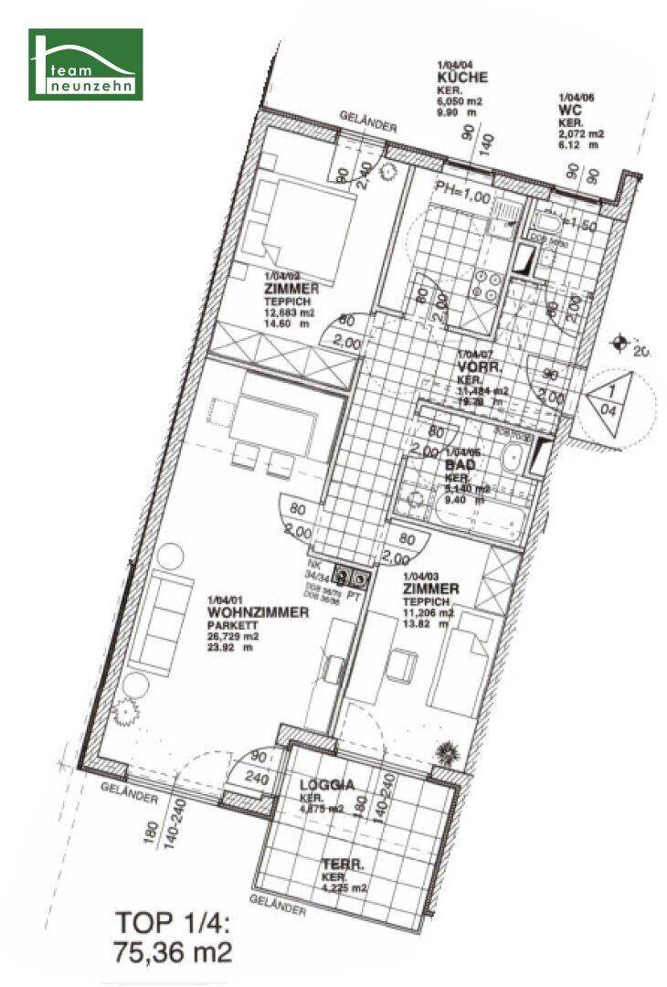 Detaillierter Grundriss der Wohnung Top 1/4 mit 75,36 m² Wohnfläche und Loggia.