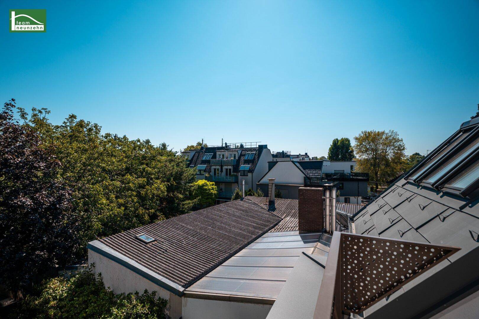 Weitläufiger Blick über die Dächer der Nachbarschaft mit viel Grün und blauem Himmel.