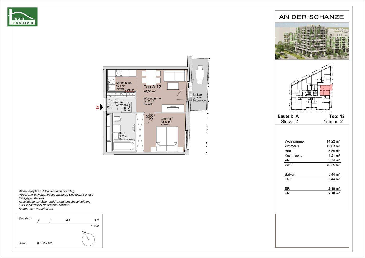 Detaillierter Grundriss der Wohnung Top A.12 mit Wohnzimmer, Schlafzimmer und Balkon.