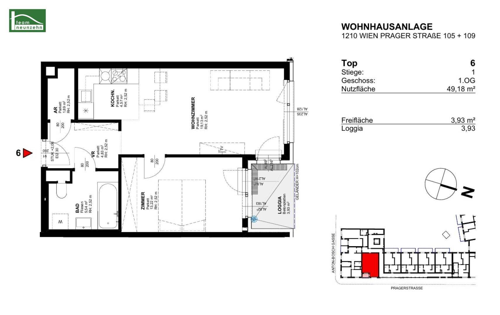 Grundriss der Wohnung mit Wohnzimmer, Schlafzimmer, Küche und Loggia.