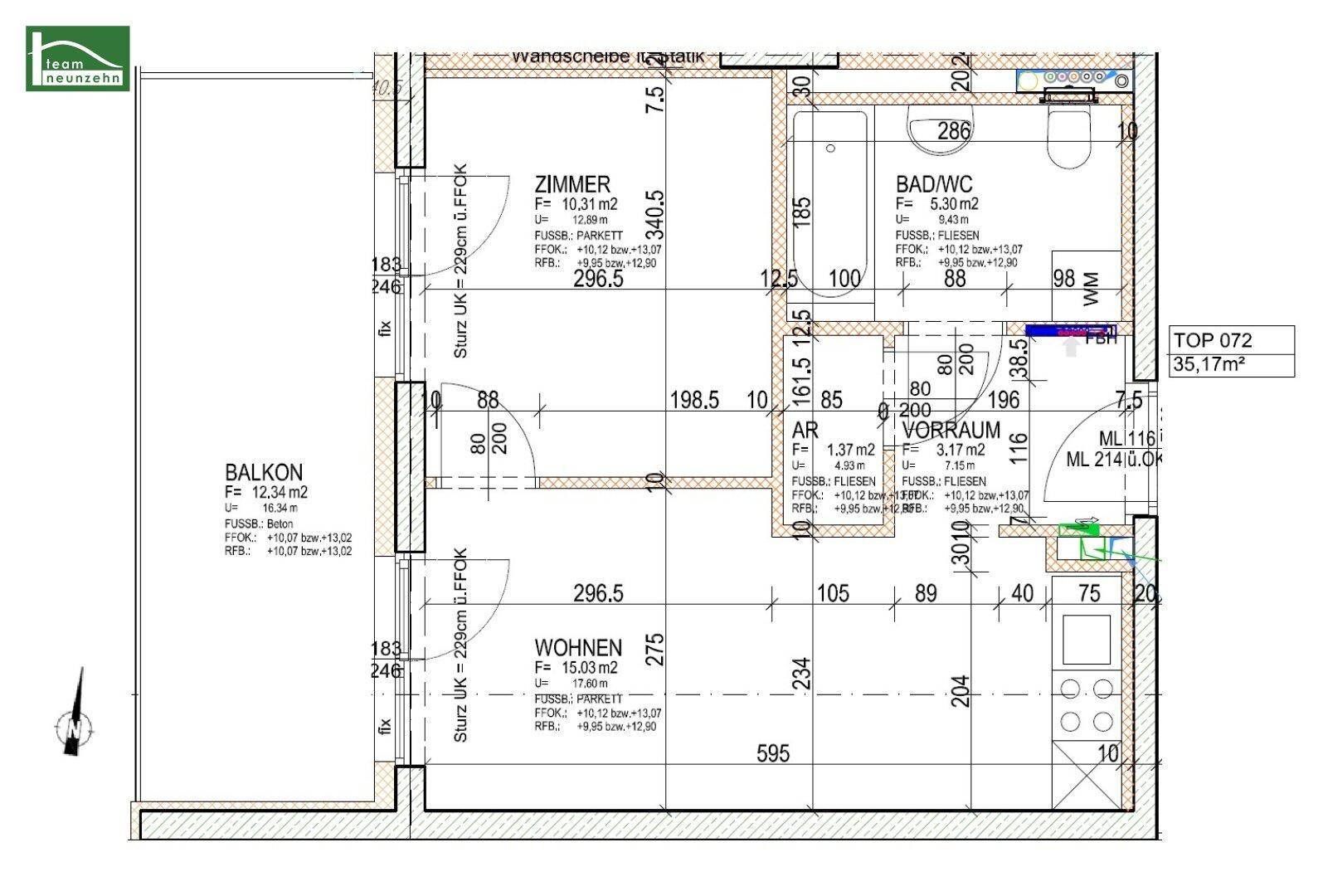 Detaillierter Grundriss einer Wohnung mit Balkon, einem Zimmer und offenem Wohnbereich.