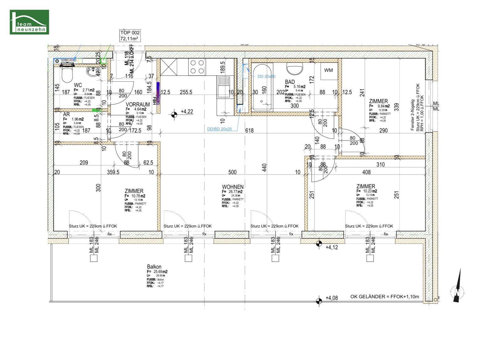 Grundriss der Wohnung mit Raumaufteilung, Balkon und Flächenangaben in Quadratmetern.