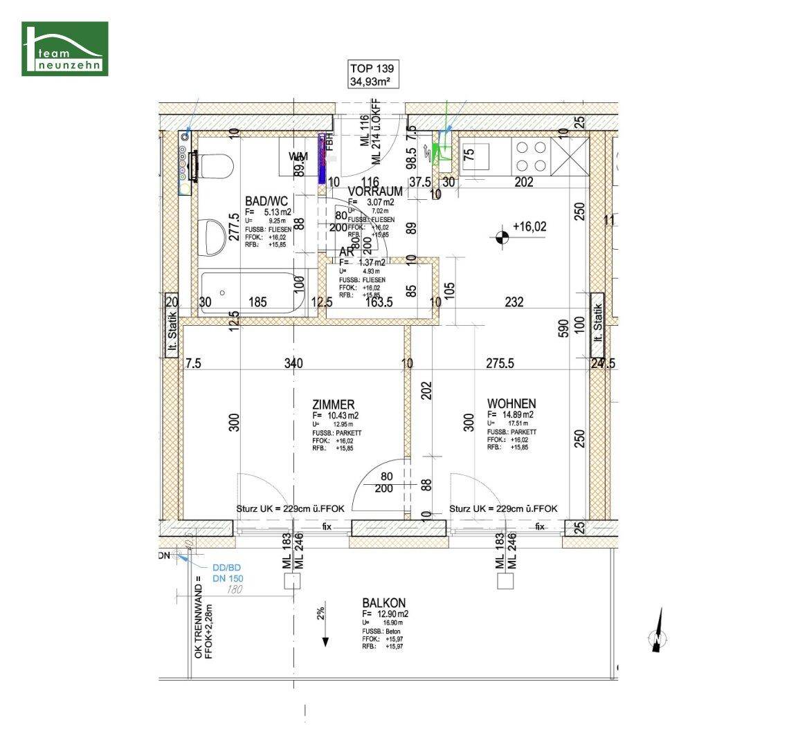Grundriss der Wohnung TOP 139 mit 34,93m², inklusive Zimmer, Wohnbereich, Bad und Balkon.