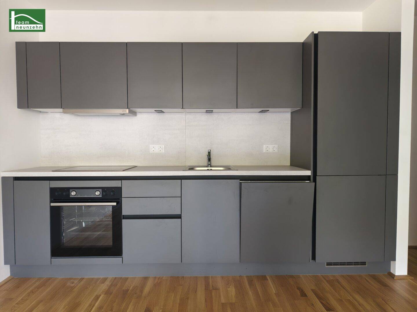 Moderne Einbauküche in Grau mit integrierten Geräten, Spüle und Kochfeld.