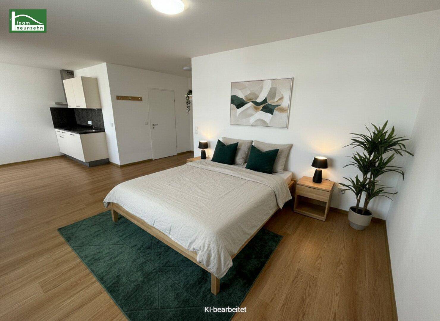 Modern eingerichtetes Schlafzimmer mit Doppelbett, Holzboden und Pflanzenakzenten.