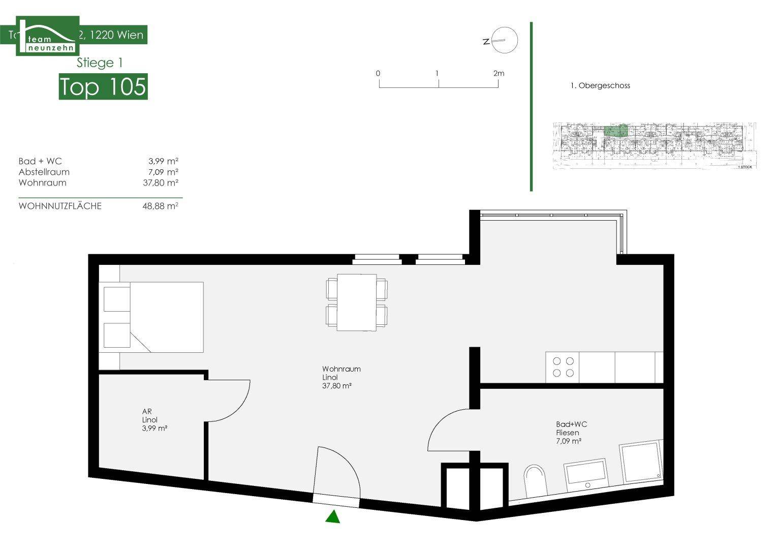 Grundriss der Wohnung Top 105 im ersten Obergeschoss mit Wohnnutzfläche von 48,88 m².