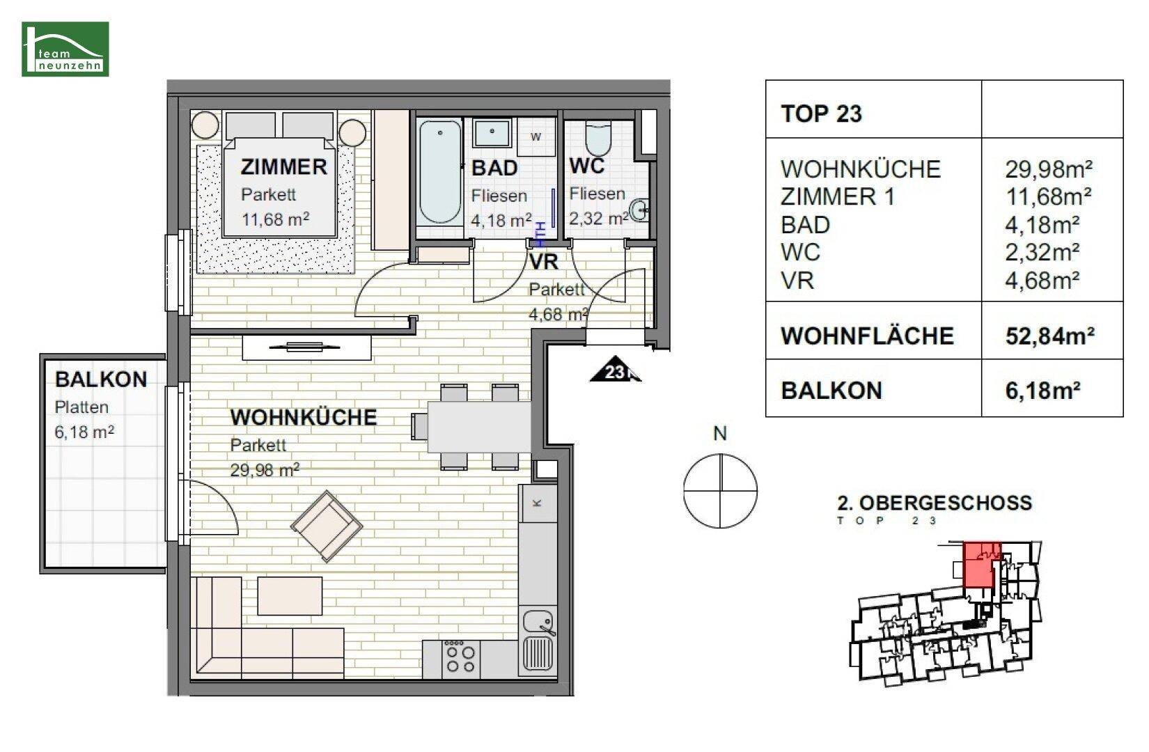 Grundriss der Wohnung "TOP 23" mit Wohnküche, Schlafzimmer, Bad und Balkon.
