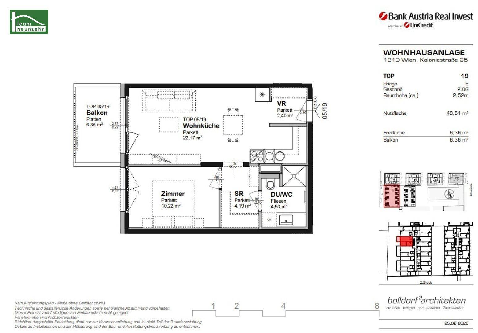 Grundriss der Wohnung TOP 05/19 mit Balkon, Wohnküche und separatem Zimmer.