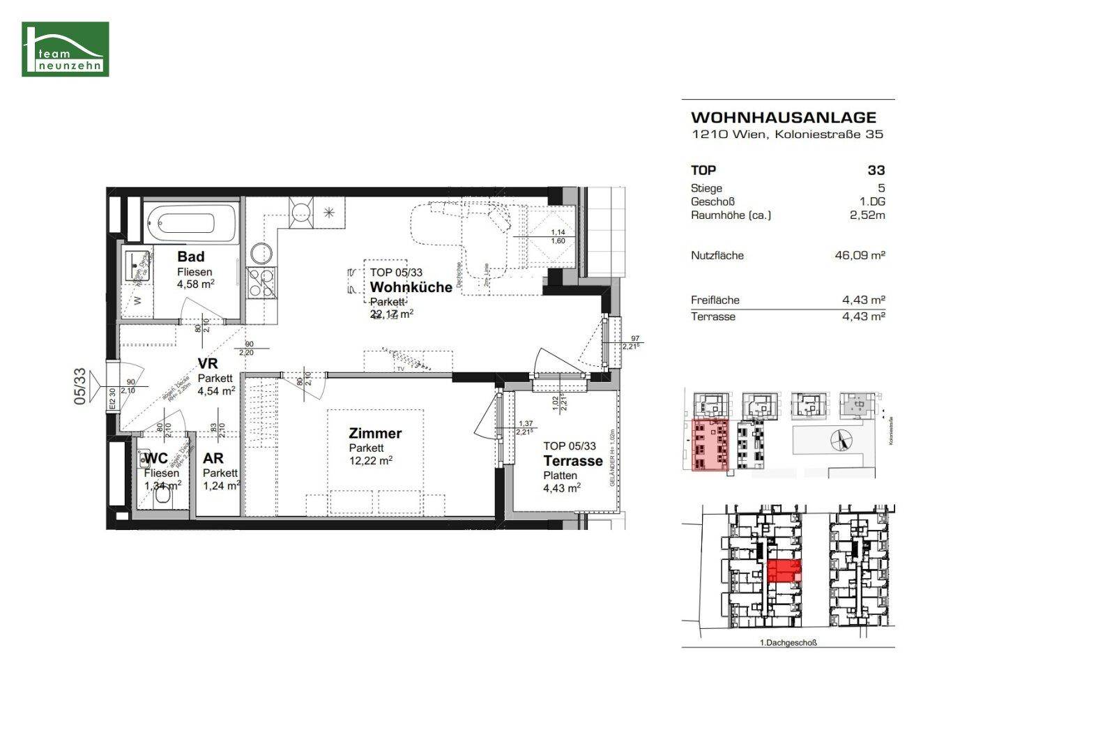 Grundriss der Wohnung TOP 05/33 mit Wohnküche, Schlafzimmer und Terrasse.