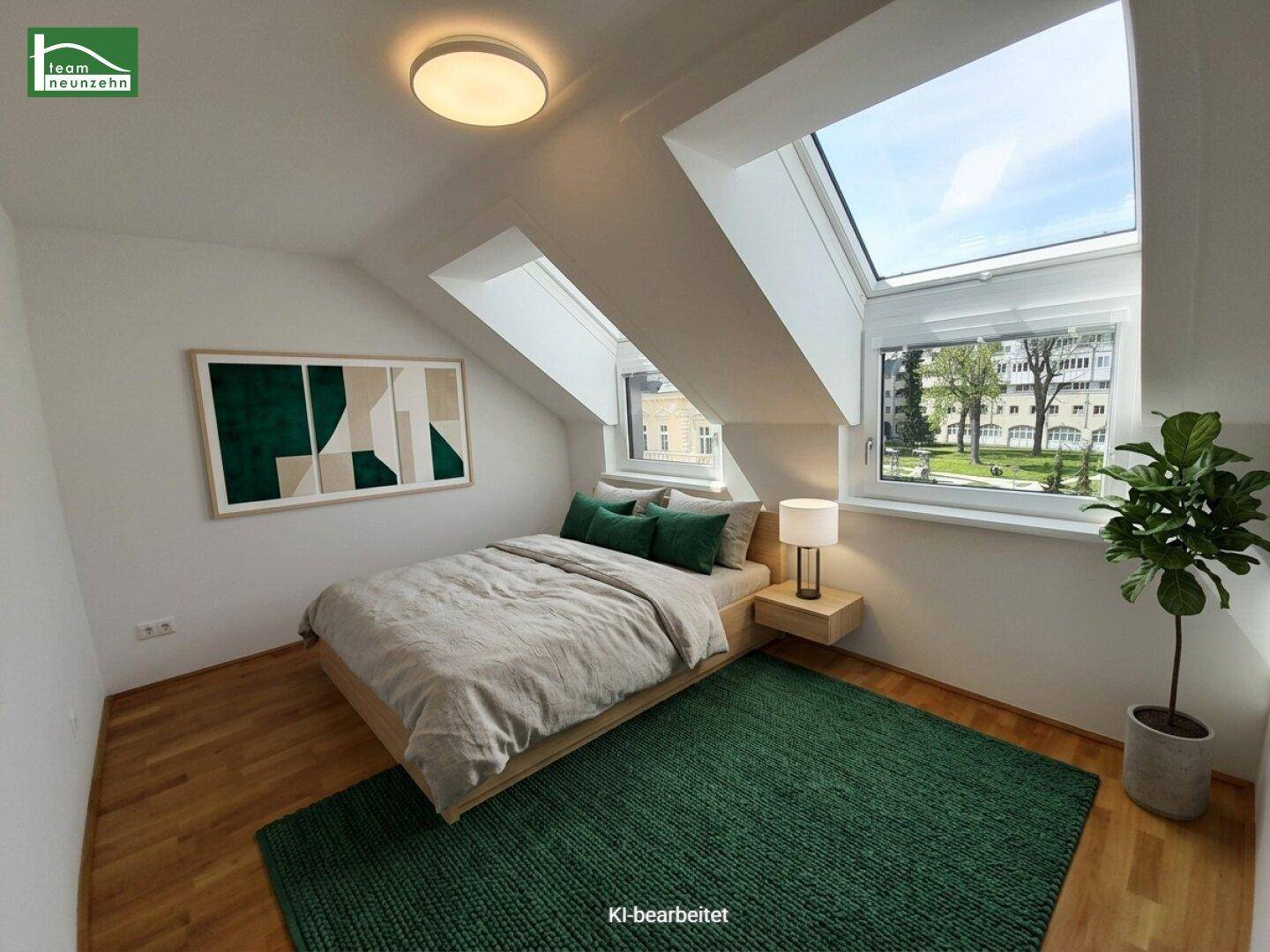KI-bearbeitetes Schlafzimmer im Dachgeschoss mit Holzboden, Dachfenstern und moderner Einrichtung.