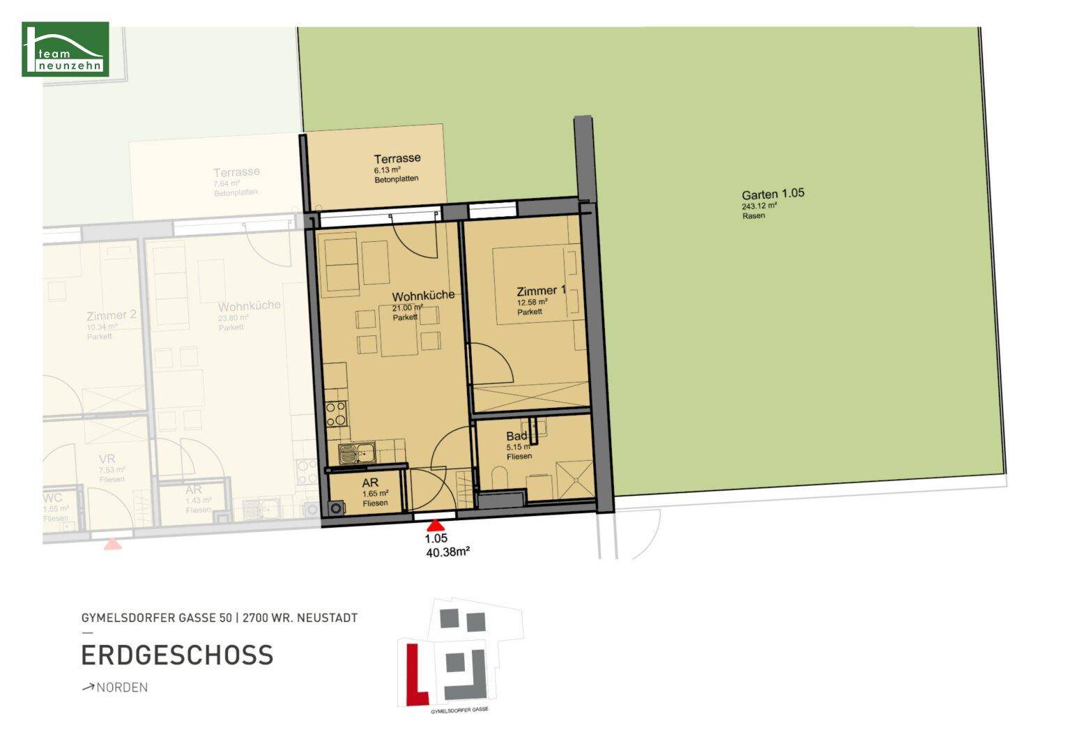 Grundriss einer Erdgeschosswohnung mit Wohnküche, Zimmer, Bad, Terrasse und Garten.