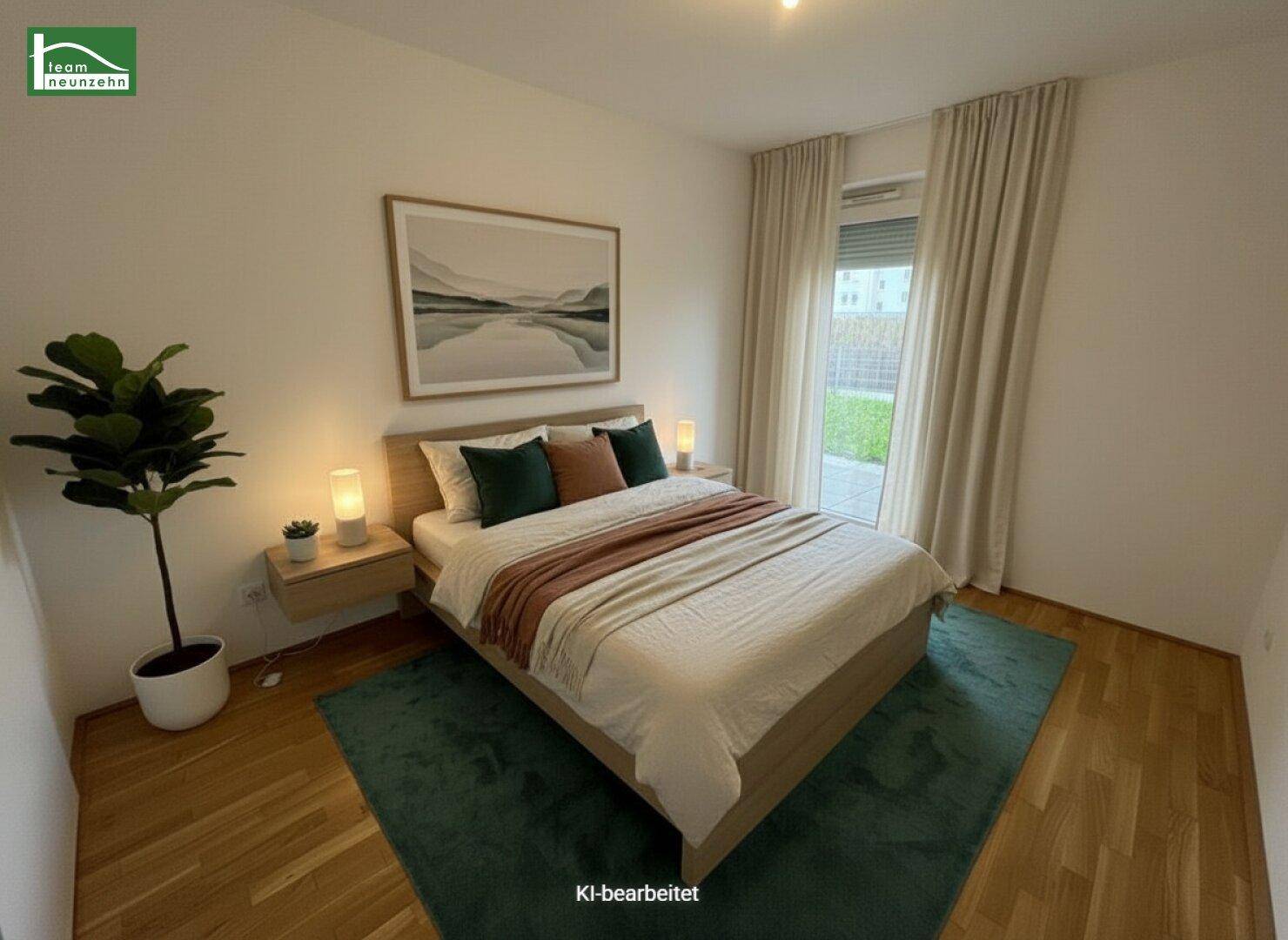Virtuell inszeniertes Schlafzimmer mit Holzbett, Nachttischen und einem Teppich, mit Zugang zum Garten.