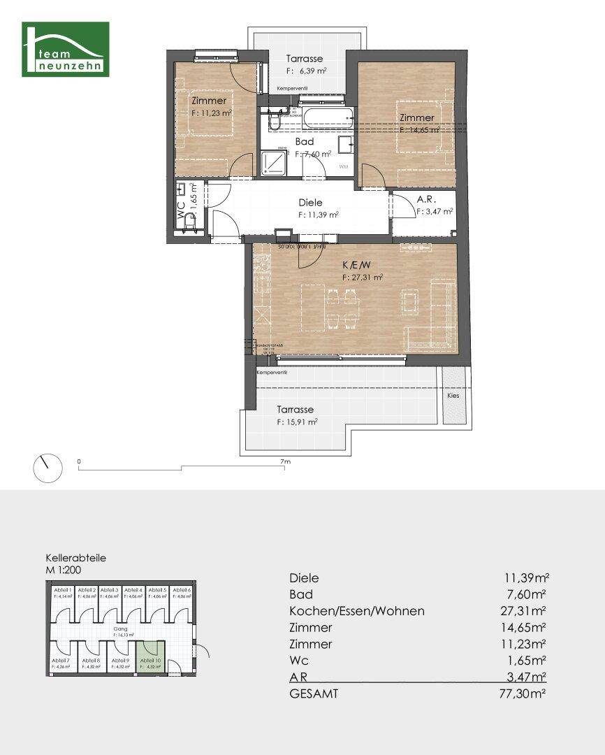 Detaillierter Grundriss einer Wohnung mit Zimmeraufteilung, Terrasse und Kellerabteilen.