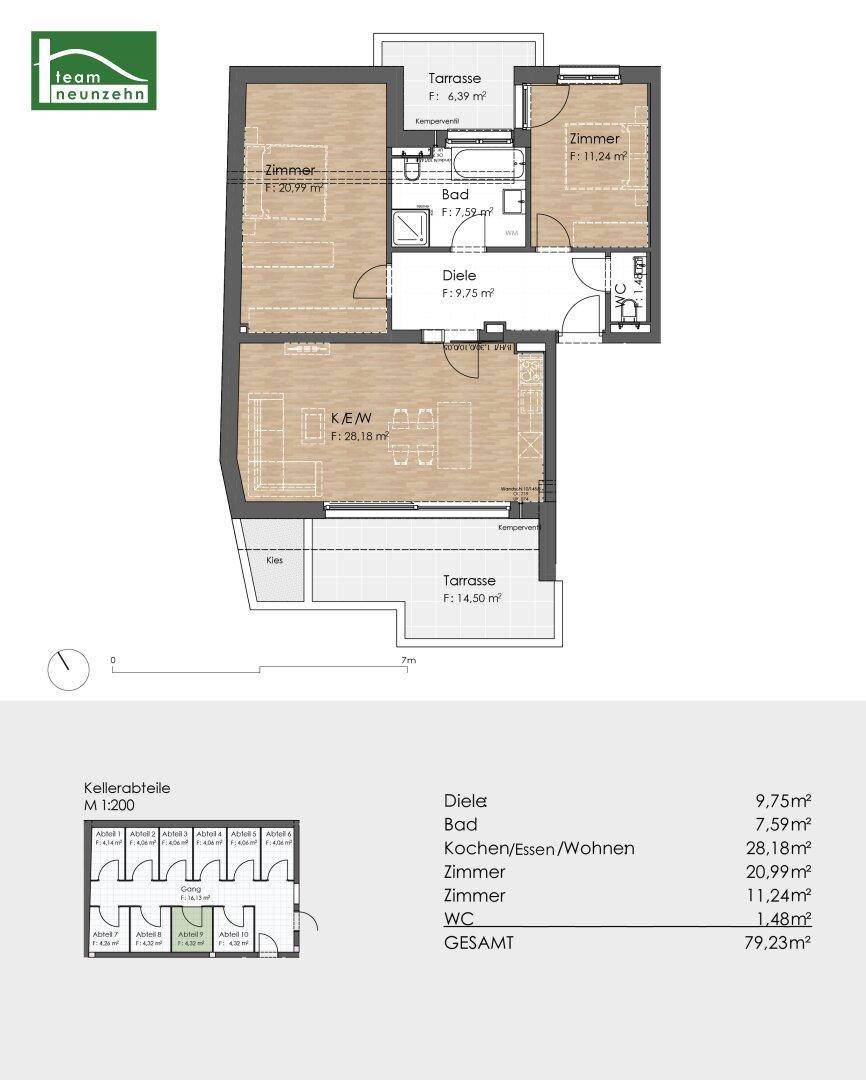 Grundriss einer Wohnung mit offenem Wohn-Ess-Kochbereich, zwei Schlafzimmern, Bad, Gäste-WC und zwei Terrassen. Kellerabteile sind ebenfalls vorhanden.