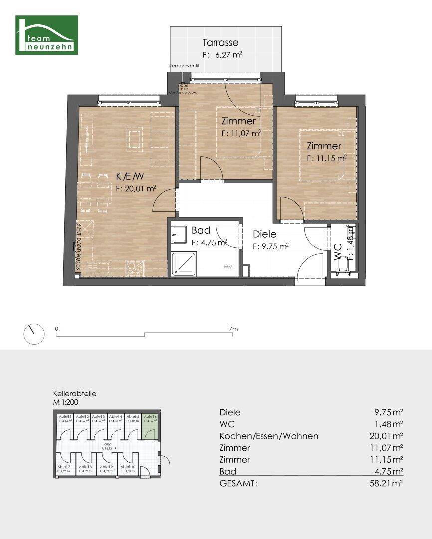 Detaillierter Grundriss der Wohnung mit Raumaufteilung und Kellerabteilen.