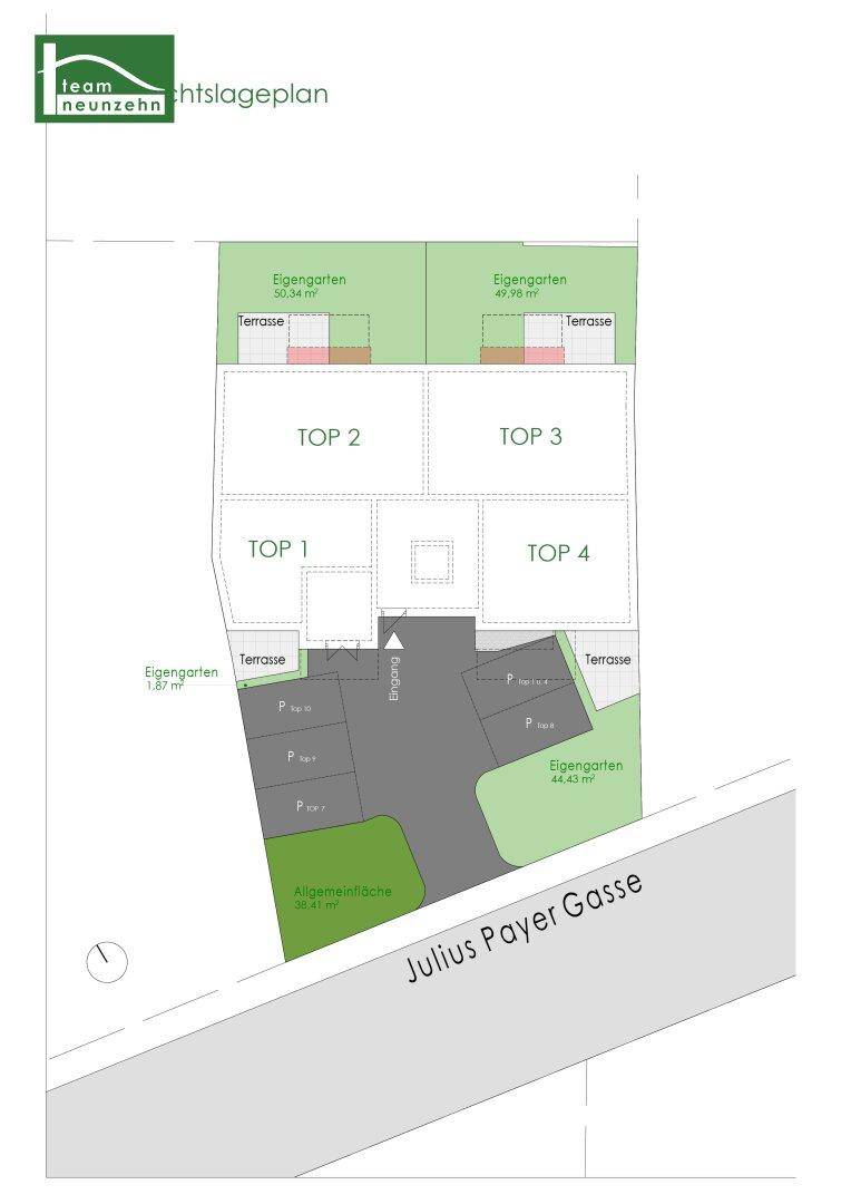 Übersichtsplan des Grundstücks mit vier Wohneinheiten, Terrassen und Gärten.
