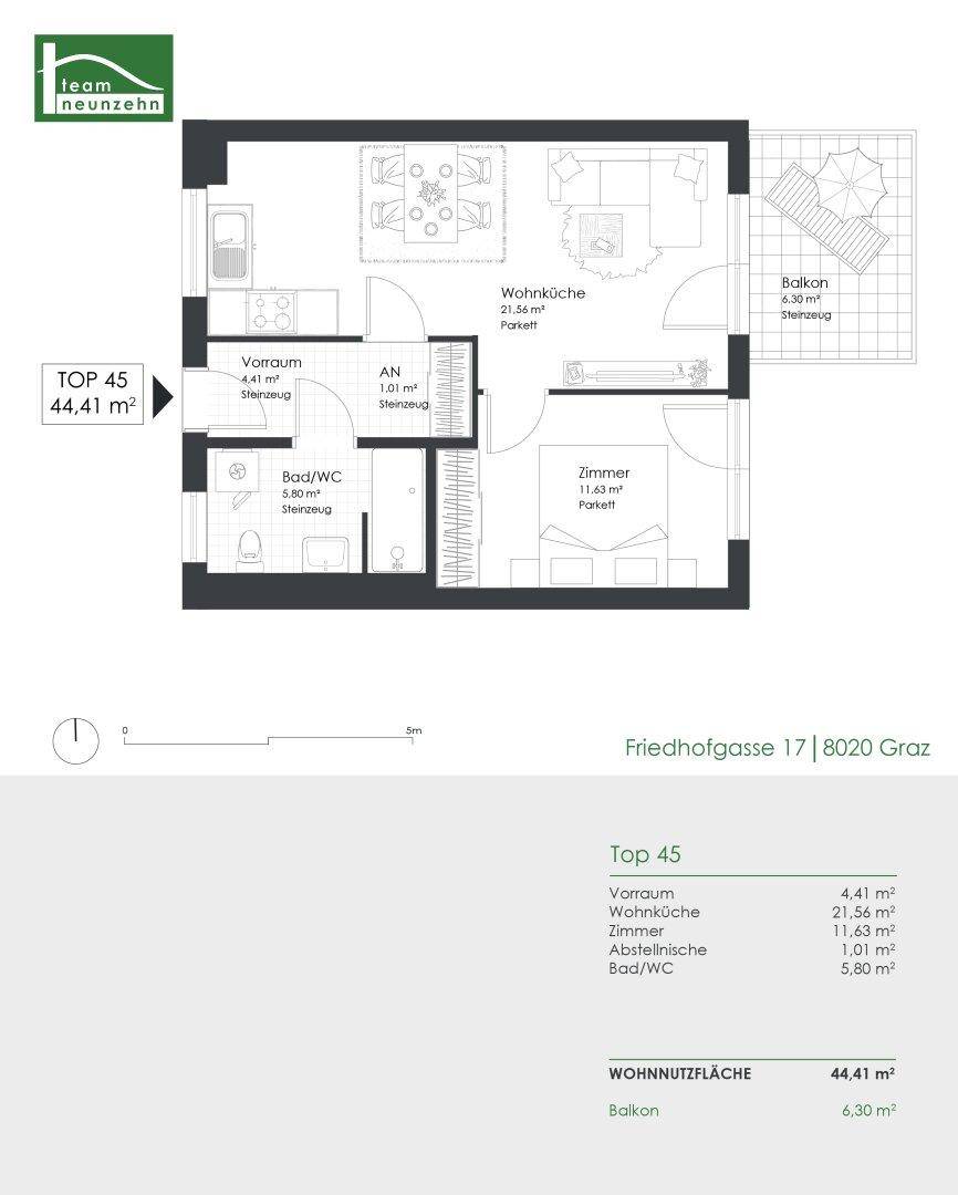 Grundriss einer Wohnung mit offenem Wohn- und Küchenbereich, einem Schlafzimmer und einem Balkon.