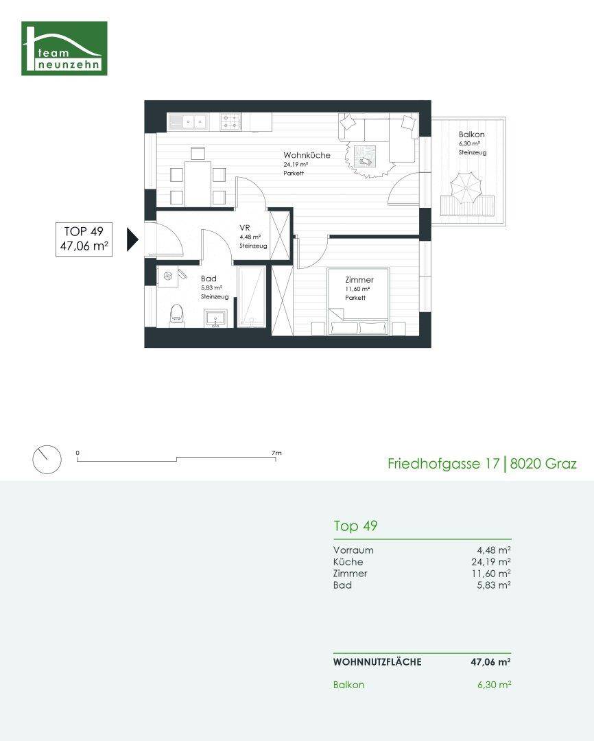 Grundriss einer kompakten Wohnung mit offener Wohnküche, einem Schlafzimmer, Bad und Balkon.