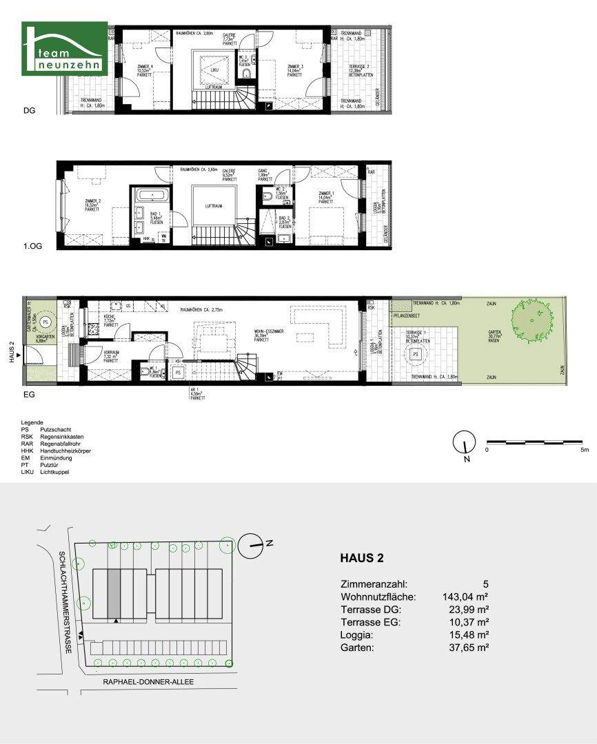 Detaillierter Grundriss mit drei Etagen und einem Lageplan des Hauses 2.
