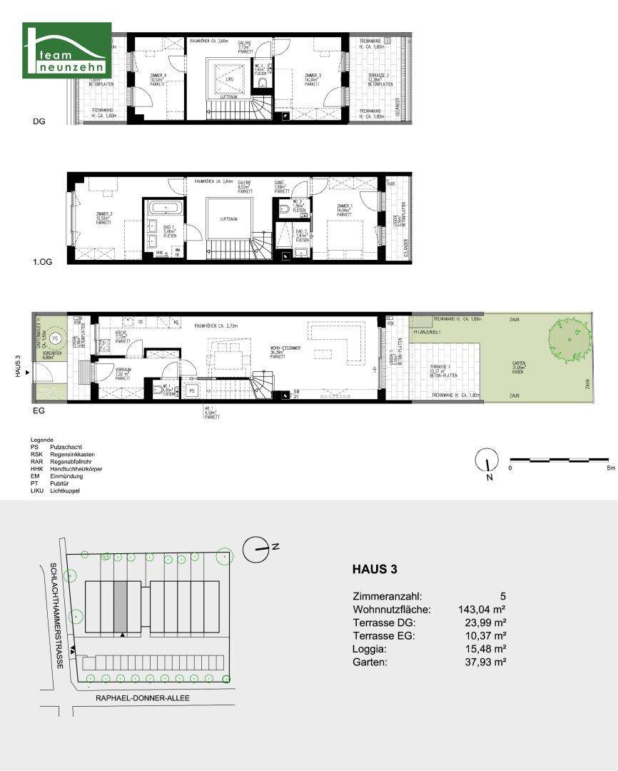 Detaillierter Grundriss von Haus 3 über drei Etagen mit Garten und Terrassenbereichen.