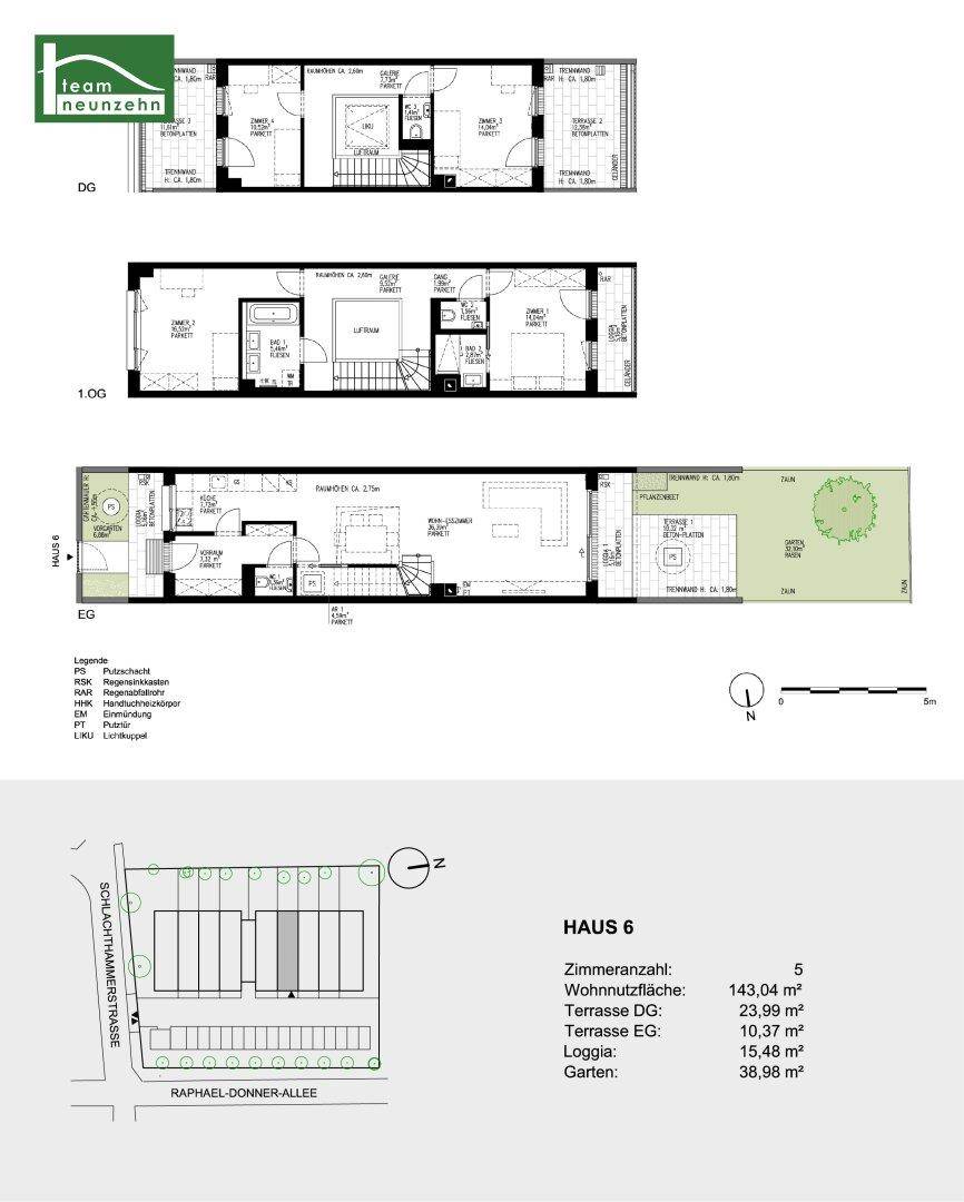 Detaillierter Grundriss eines Hauses über mehrere Etagen mit Garten und Terrassenbereichen.