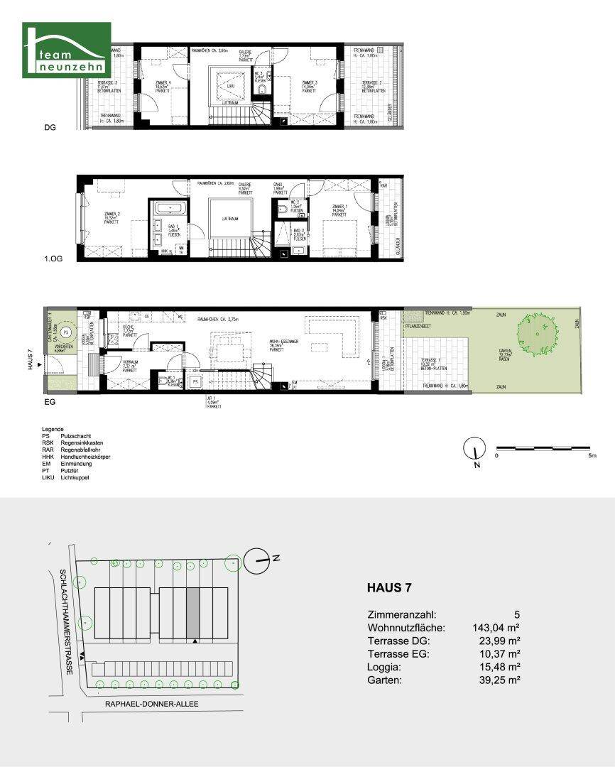 Detaillierter Grundriss von Haus 7 mit drei Etagen und einem Gartenbereich.