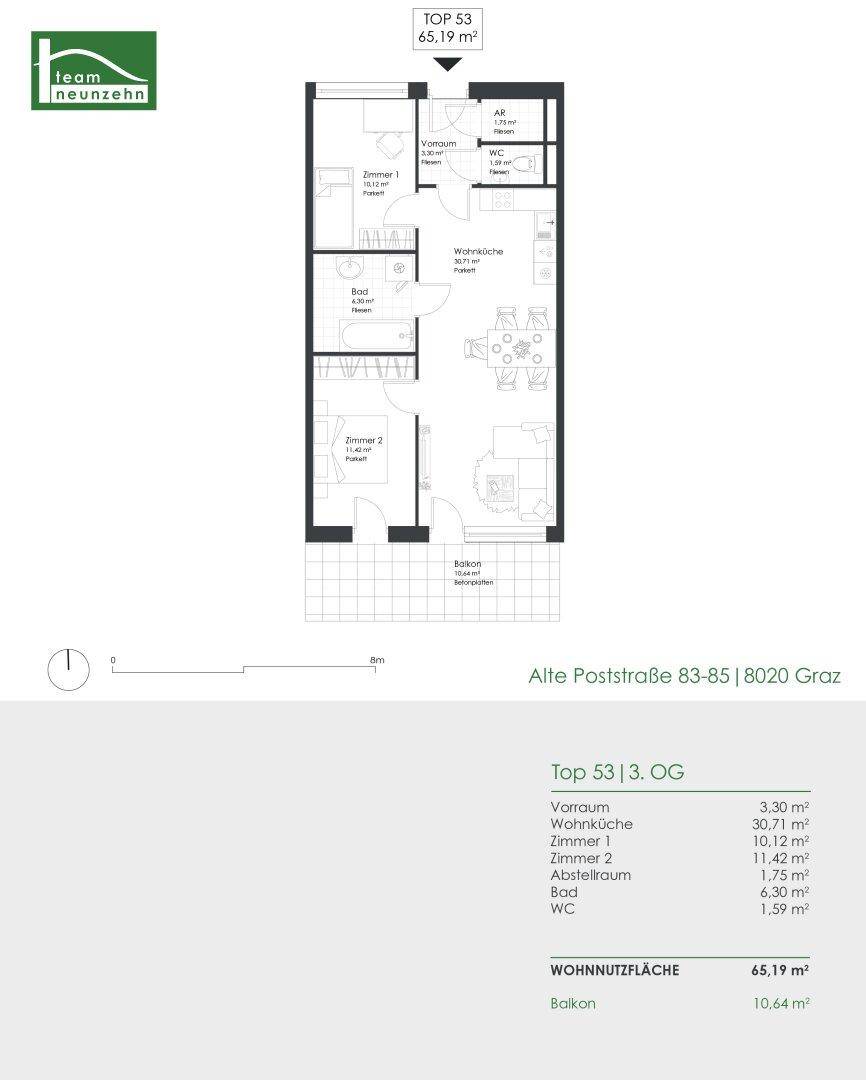 Übersichtlicher Grundriss einer modernen Wohnung mit offenem Wohnbereich, zwei Schlafzimmern und Balkon.