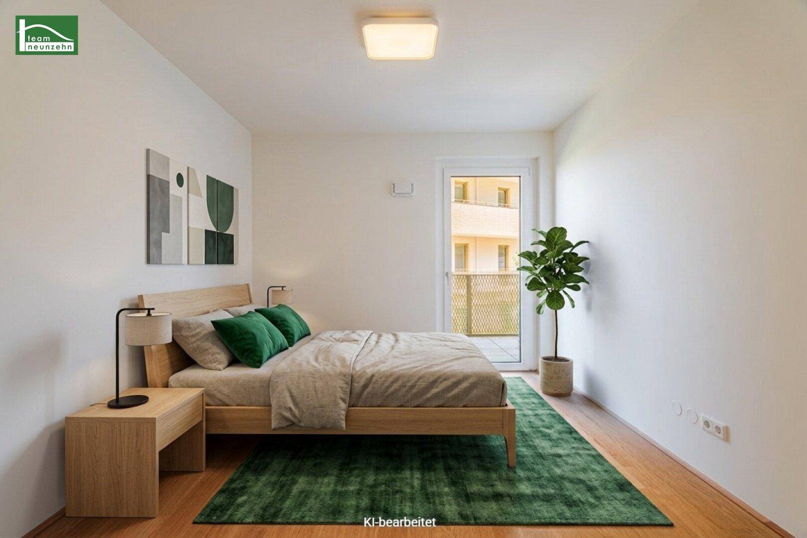 Modernes Schlafzimmer mit Holzbett, grünem Teppich und Zugang zu einem französischen Balkon.