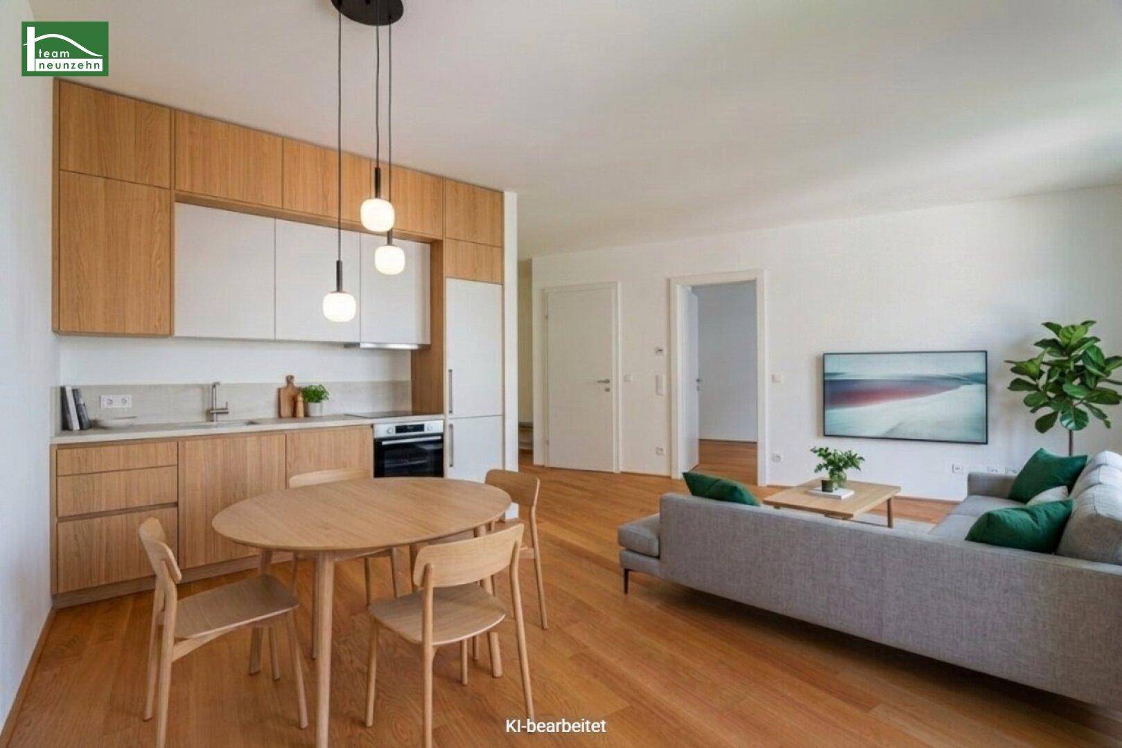 Moderner offener Wohn-Essbereich mit integrierter Holzküche, Esstisch und gemütlichem Sofa.