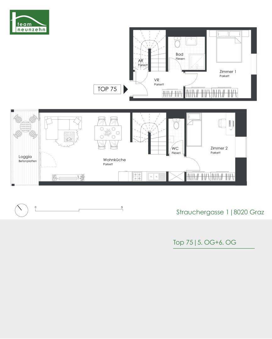 Grundriss einer Maisonette-Wohnung mit Loggia, zwei Schlafzimmern und offener Wohnküche.