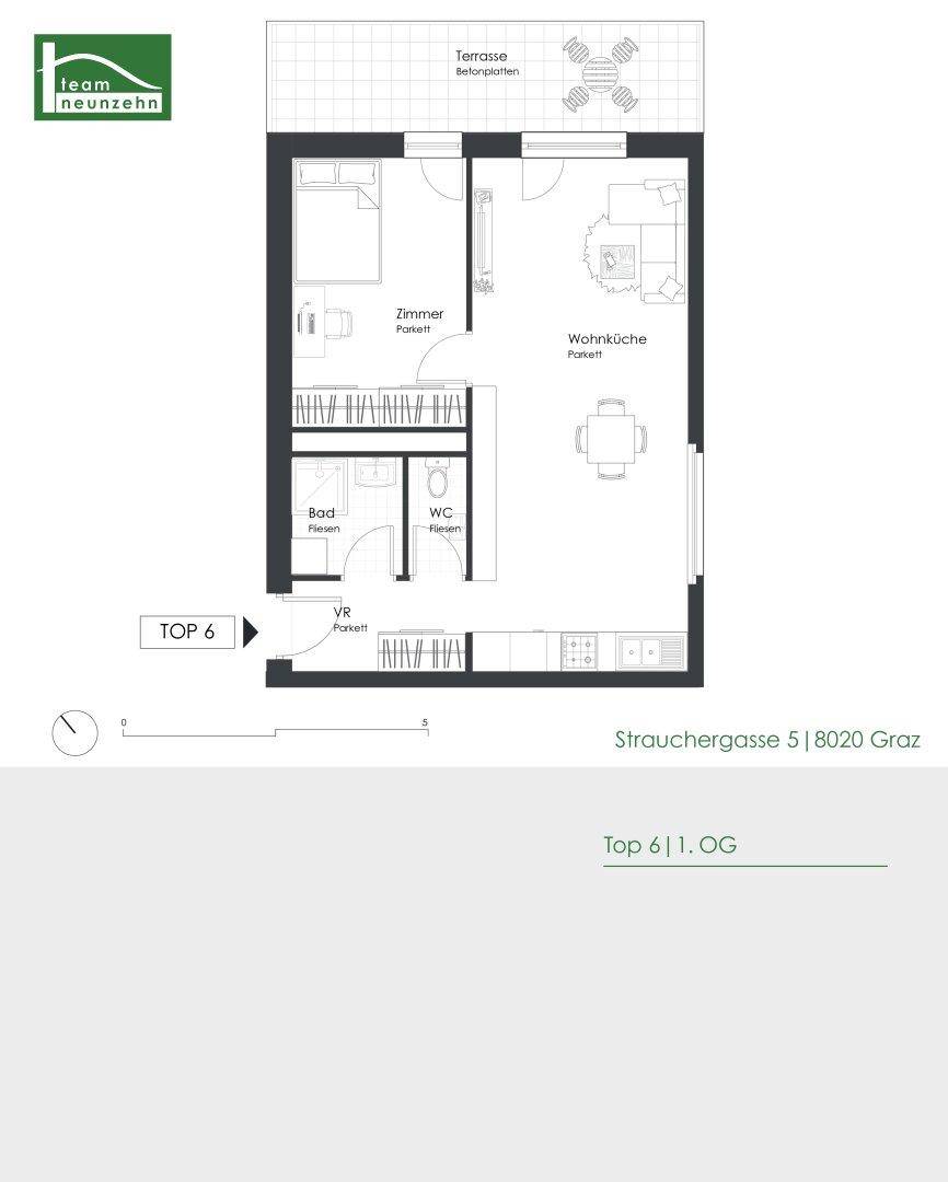Grundriss einer Wohnung mit einem Schlafzimmer, offener Wohnküche und einer Terrasse.