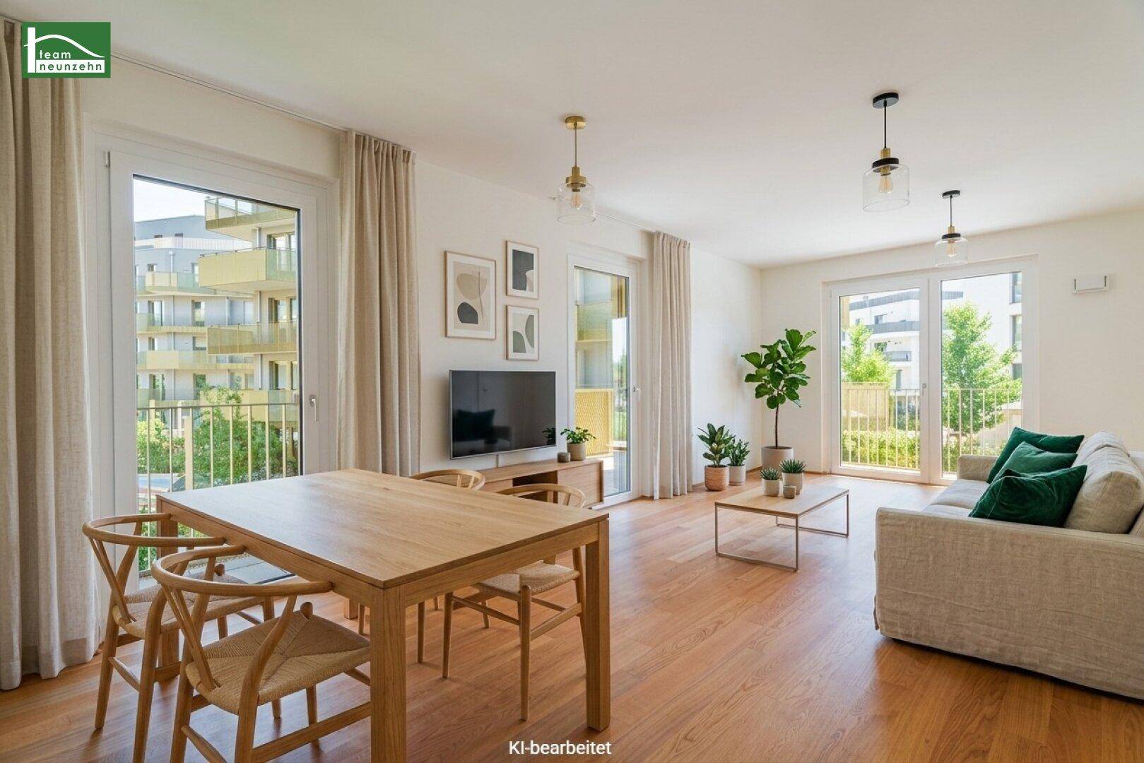 Helles Wohn- und Esszimmer mit Holzboden, modernen Möbeln und Zugang zum Balkon.