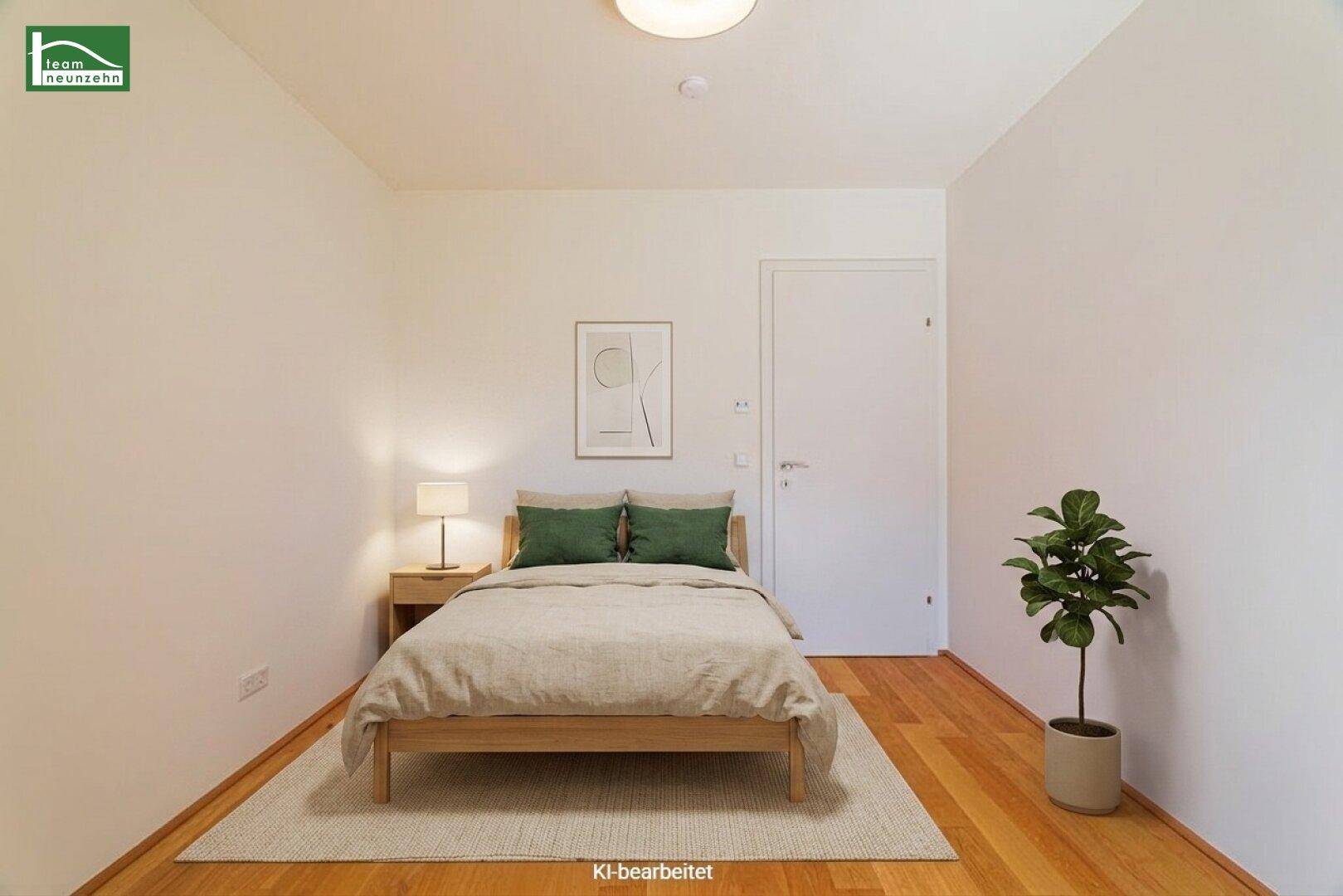 Modern eingerichtetes Schlafzimmer mit Holzboden, minimalistischem Design und natürlichem Licht.