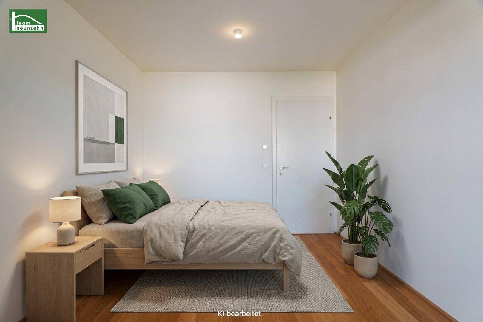 Modern eingerichtetes Schlafzimmer mit Holzboden und Pflanzen.