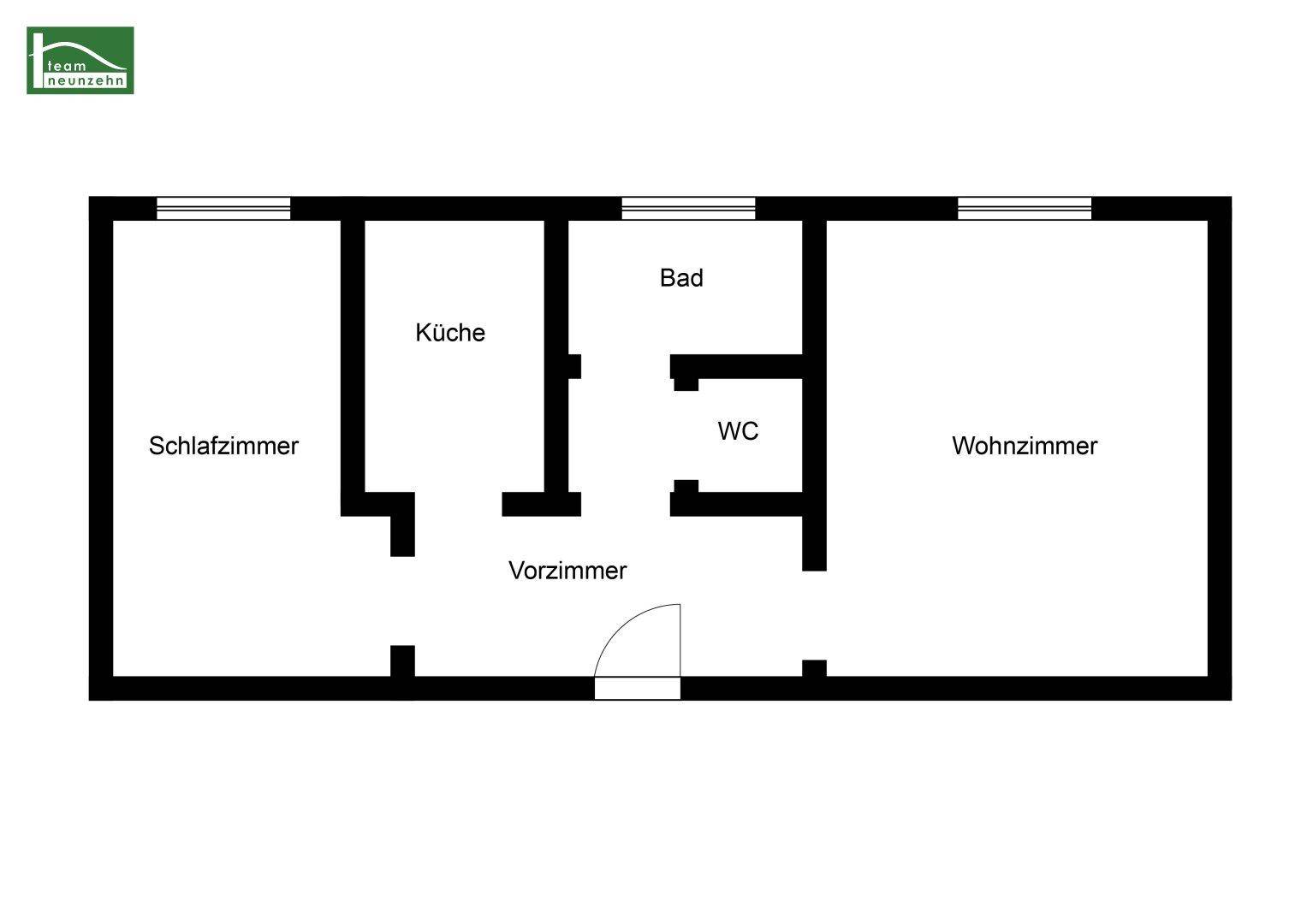 Grundriss einer Wohnung mit separatem Schlafzimmer, Küche, Bad, WC und Wohnzimmer.