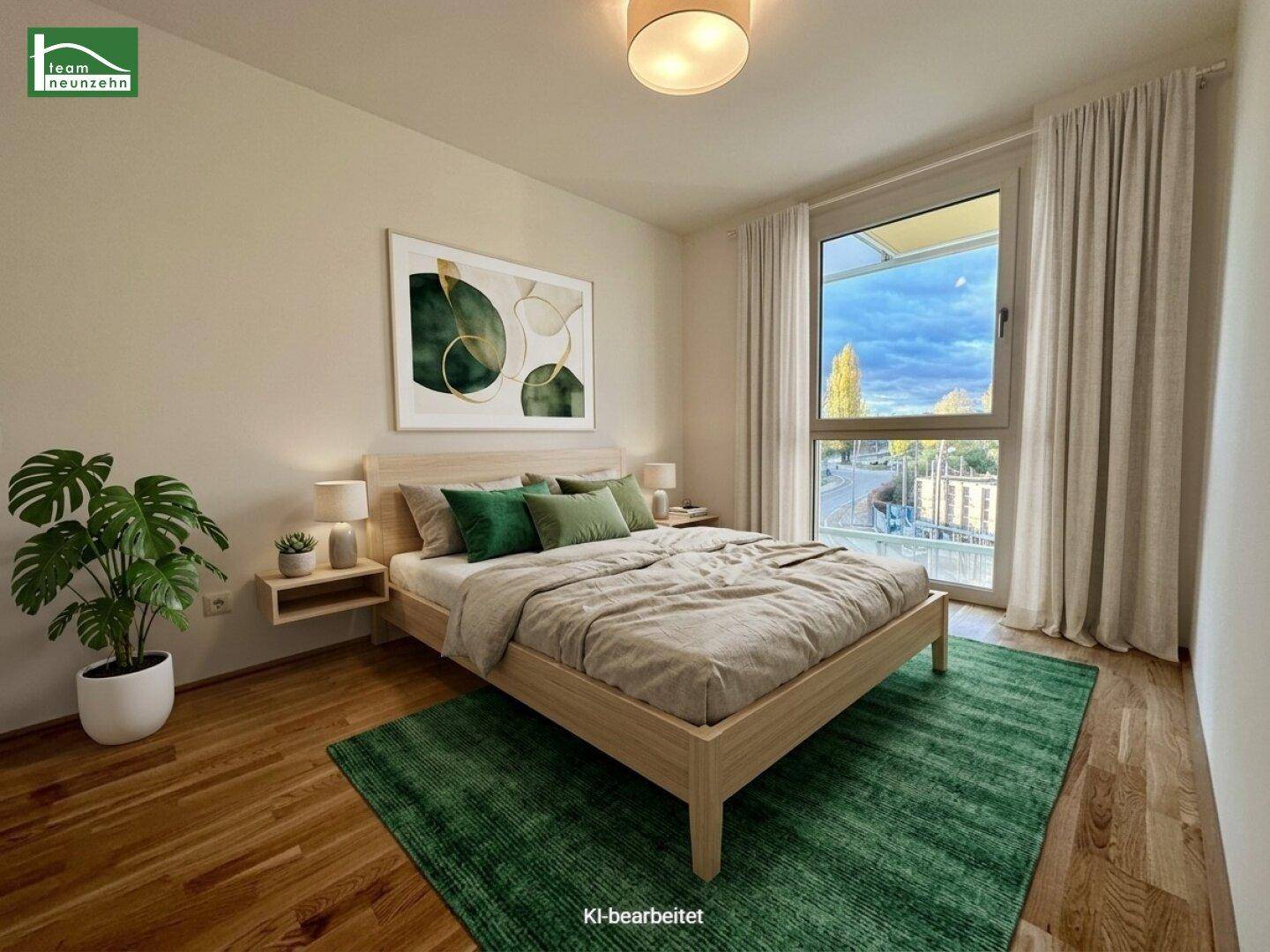 Modern eingerichtetes Schlafzimmer mit Holzbett, Nachttischen und großem Fenster.