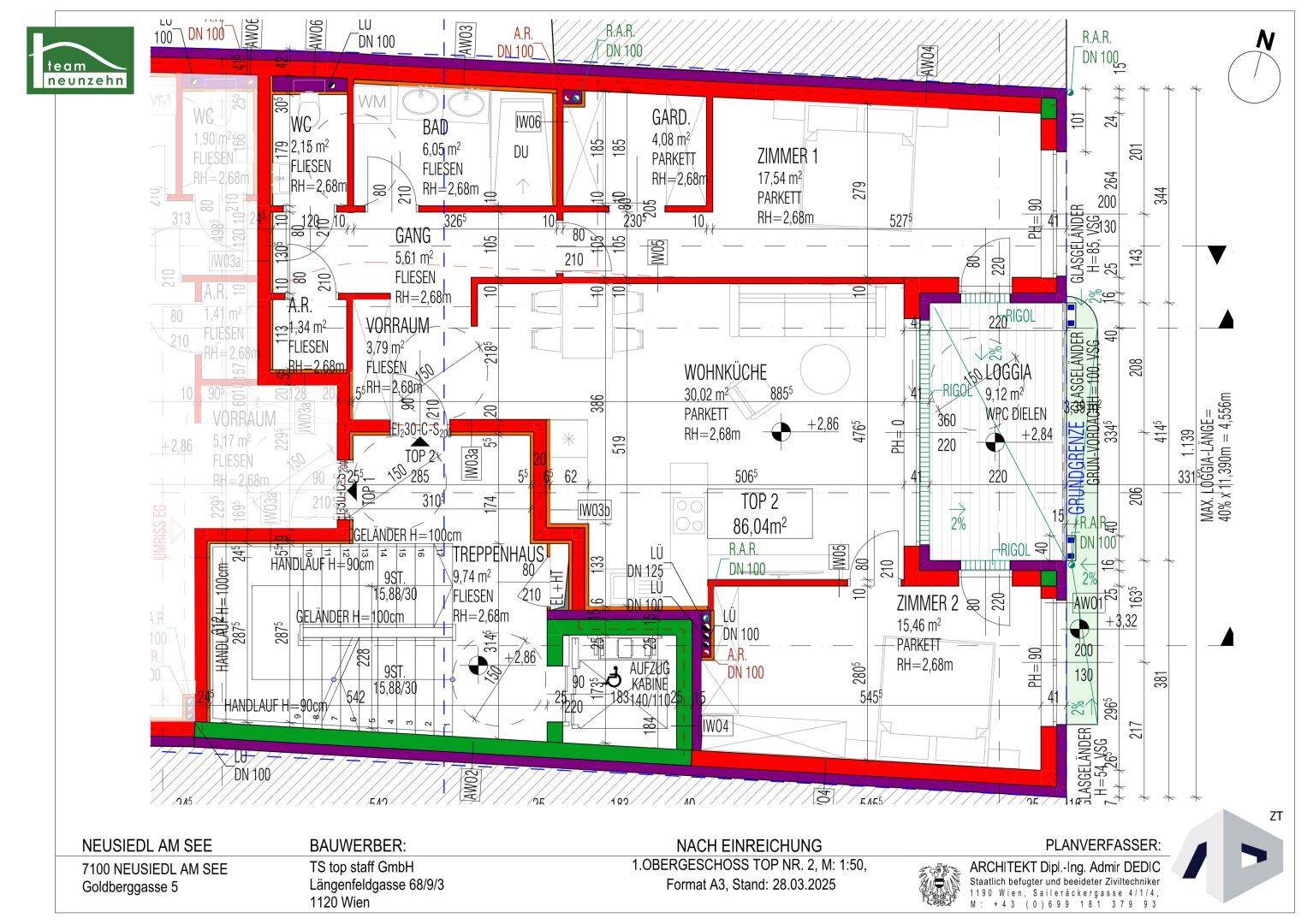 Detaillierter Grundriss einer Wohnung im Obergeschoss mit Loggia und mehreren Zimmern.