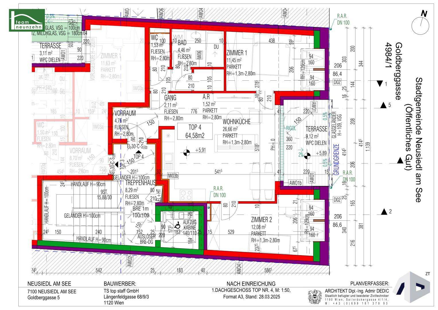 Detaillierter Grundriss einer Wohnung mit mehreren Zimmern und Terrassen.