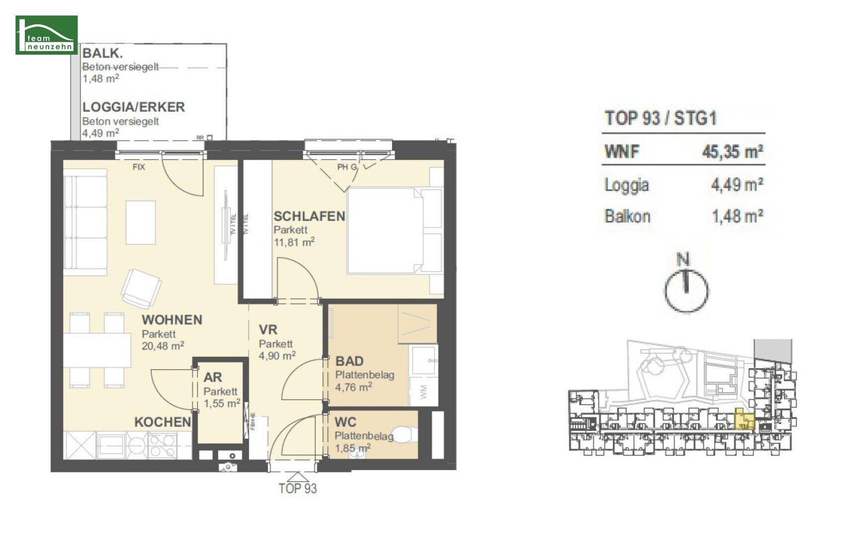 Grundriss einer Wohnung mit offenem Wohn- und Kochbereich, einem Schlafzimmer, Bad, WC und Zugang zu Loggia und Balkon.