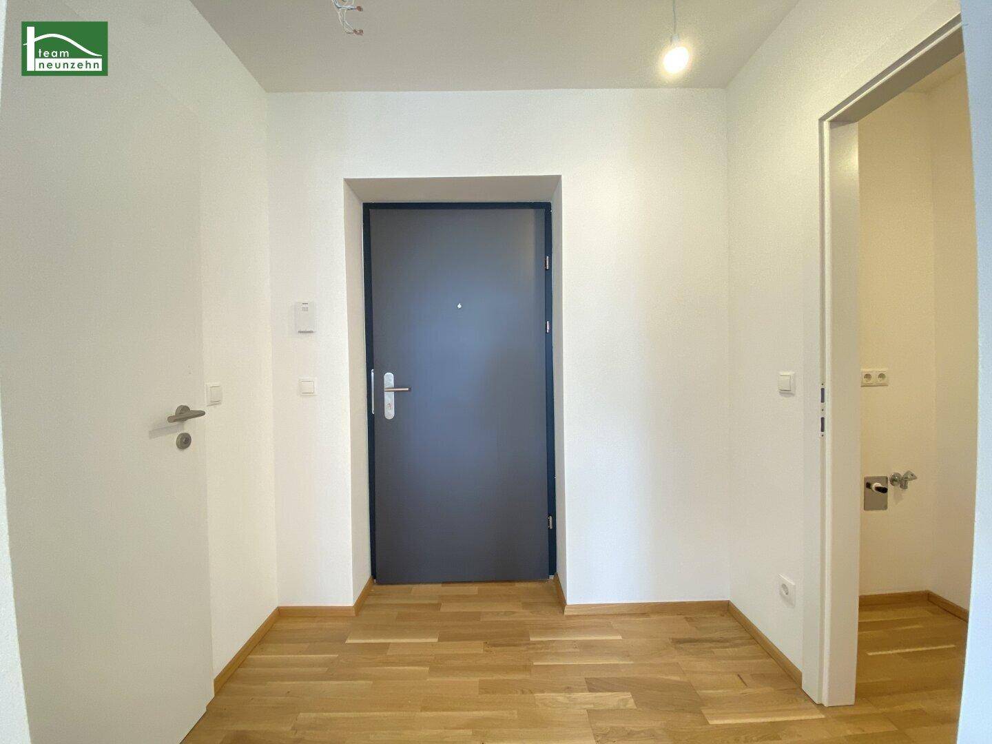 Heller Eingangsbereich mit Parkettboden und dunkler Wohnungstür, führt in die Wohnräume.