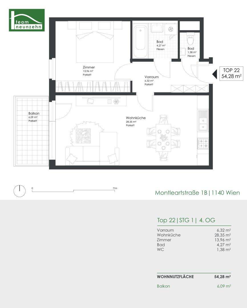 Grundriss einer Wohnung mit offenem Wohn-Essbereich, einem Schlafzimmer, Bad, separatem WC und Balkon.