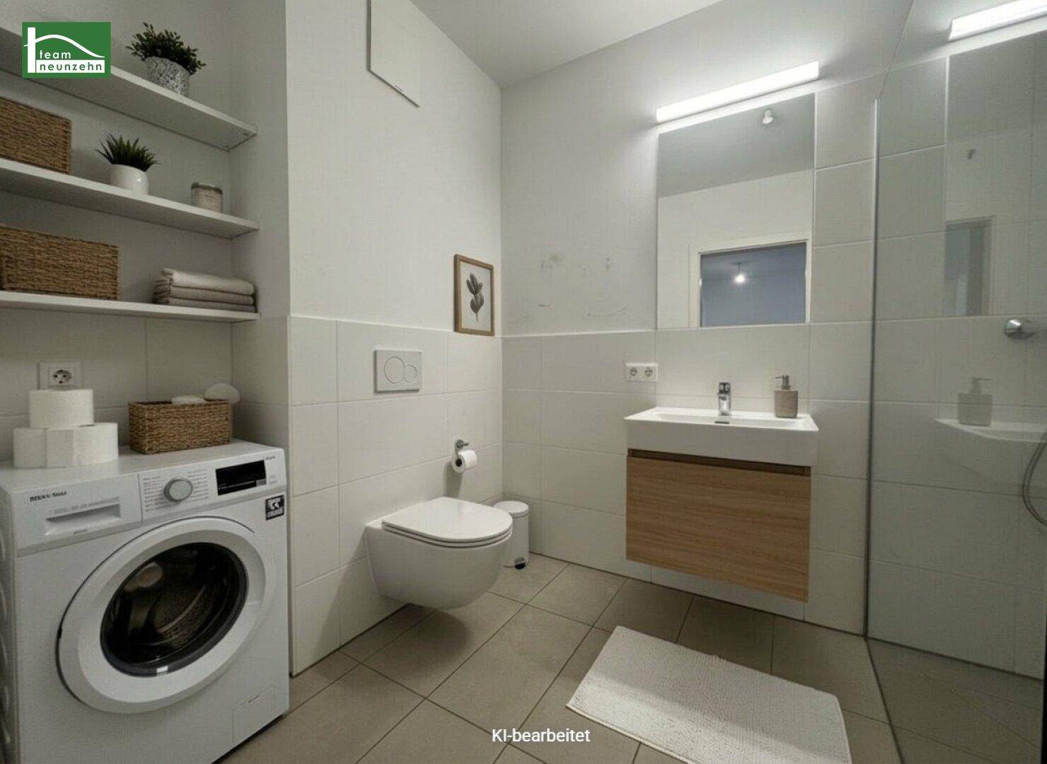 Modernes Badezimmer mit Waschmaschine, wandhängendem WC und stilvollem Waschbeckenunterschrank.