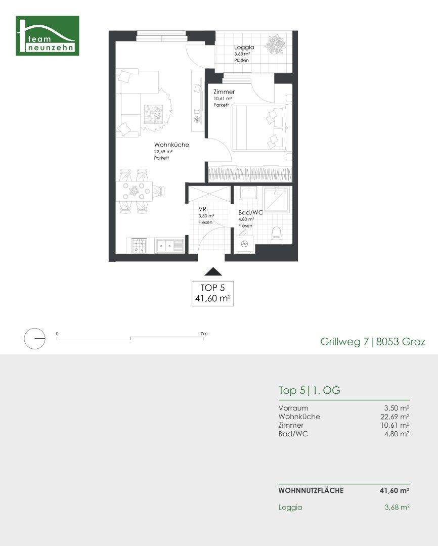 Detaillierter Grundriss der Wohnung TOP 5 mit 41,60 m² Wohnnutzfläche und Loggia.