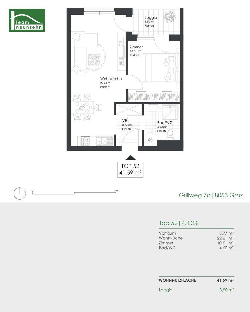 Grundriss der Wohnung TOP 52 mit Wohnküche, Zimmer, Bad/WC und Loggia auf 41,59 m².