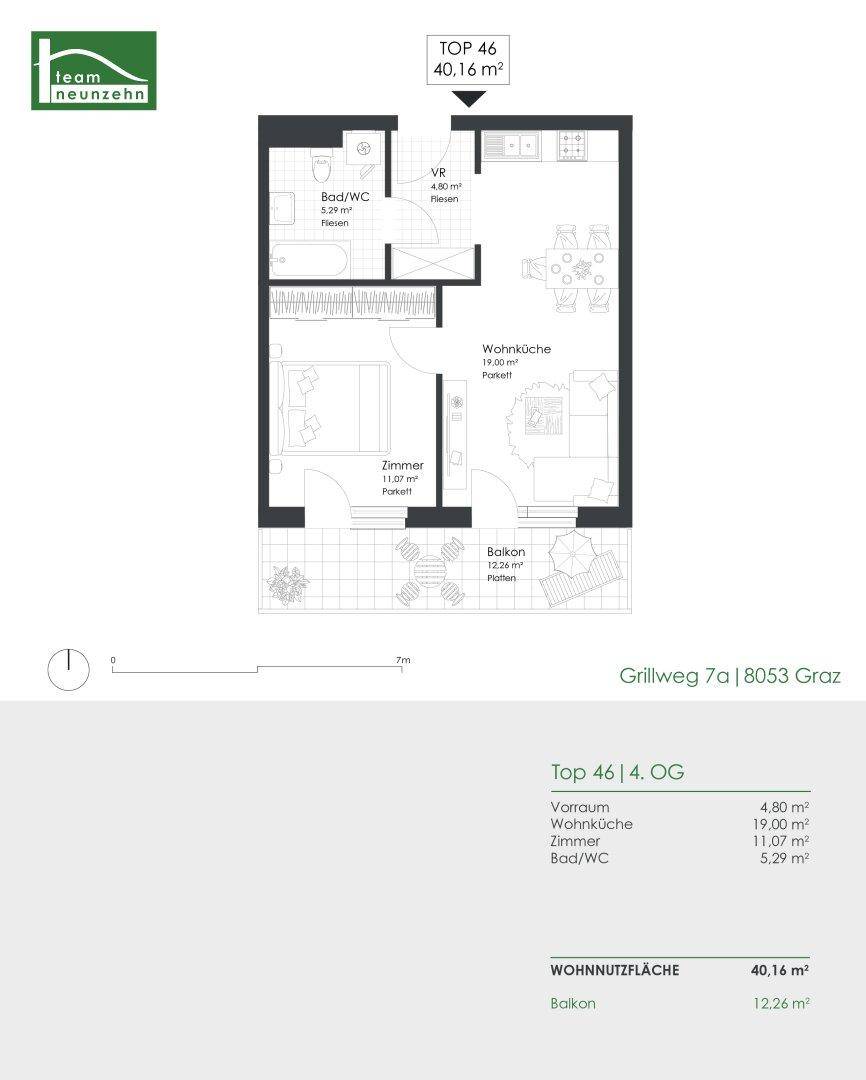 Grundriss der Wohnung Top 46 mit 40,16 m² Wohnnutzfläche und Balkon.