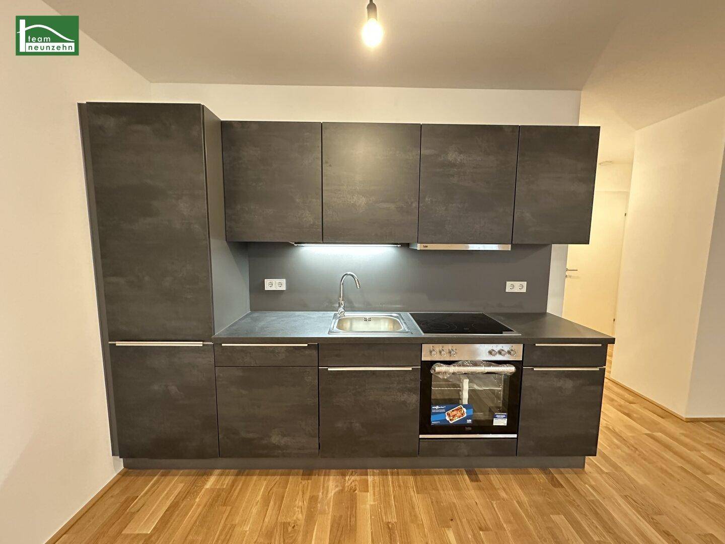 Moderne Küchenzeile mit dunklen Schränken, Spüle, Induktionskochfeld und integriertem Backofen.