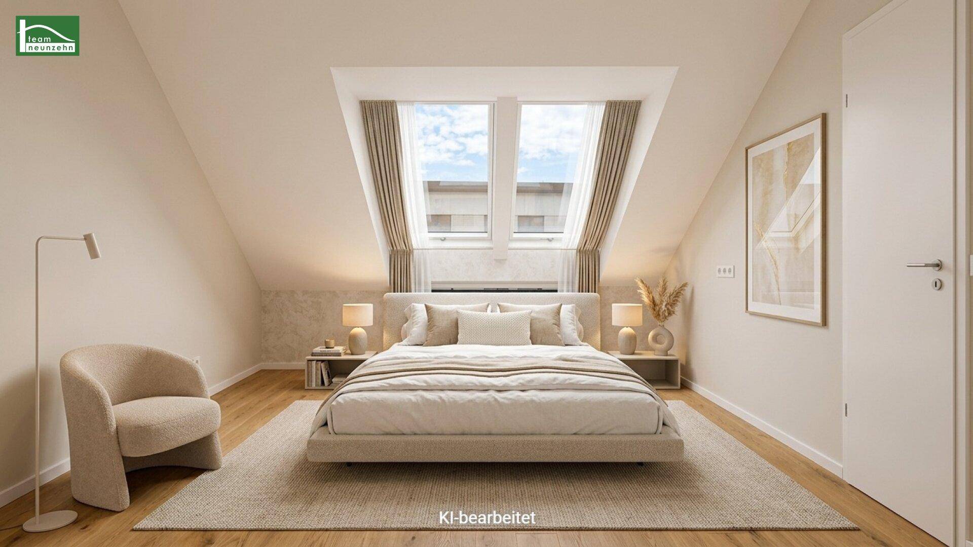 Gemütliches Schlafzimmer im Dachgeschoss mit schrägen Wänden und großen Dachfenstern.