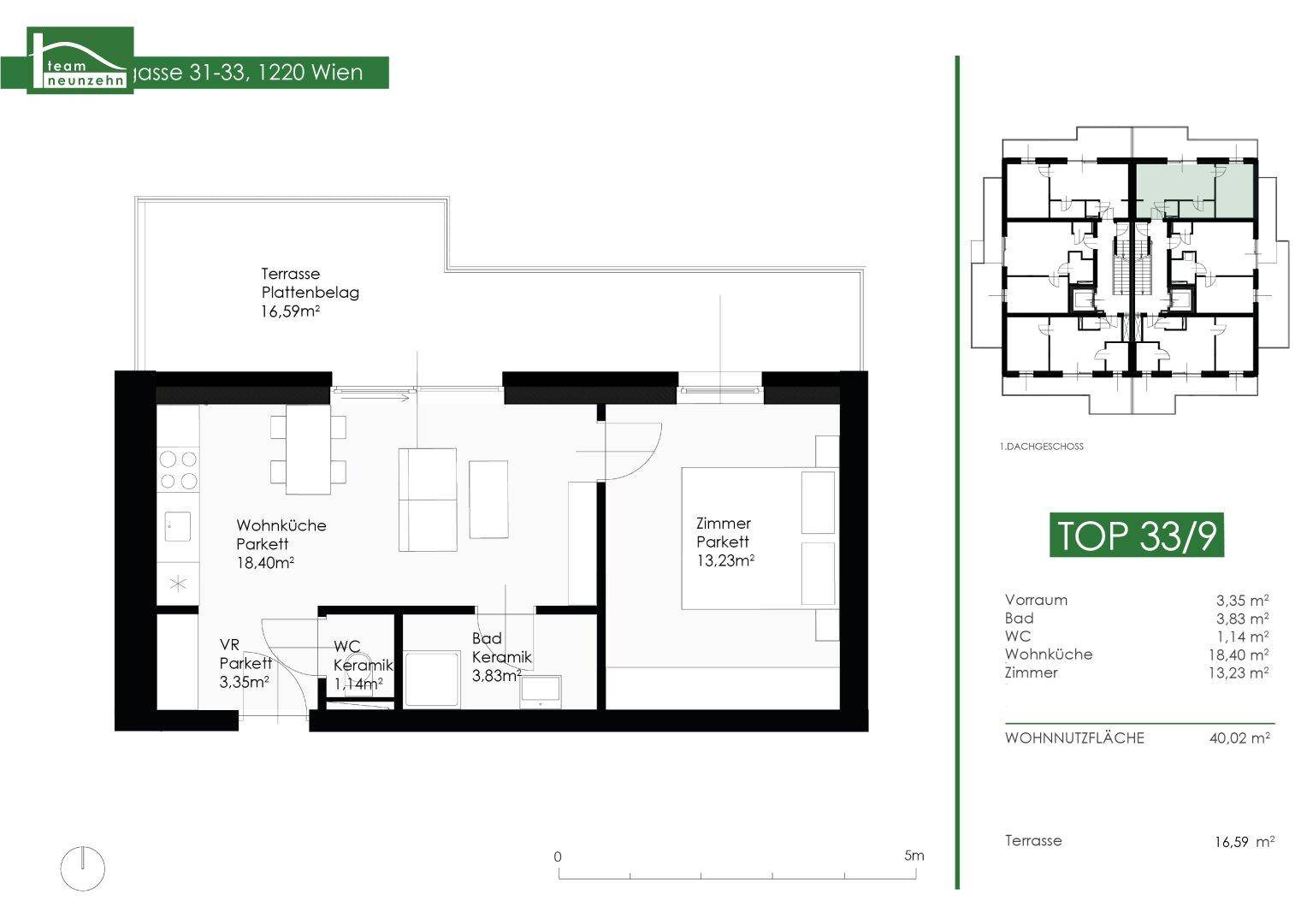 Grundriss der Wohnung mit Wohnküche, Zimmer, Bad, WC und Terrasse, Gesamtfläche 40,02 m².