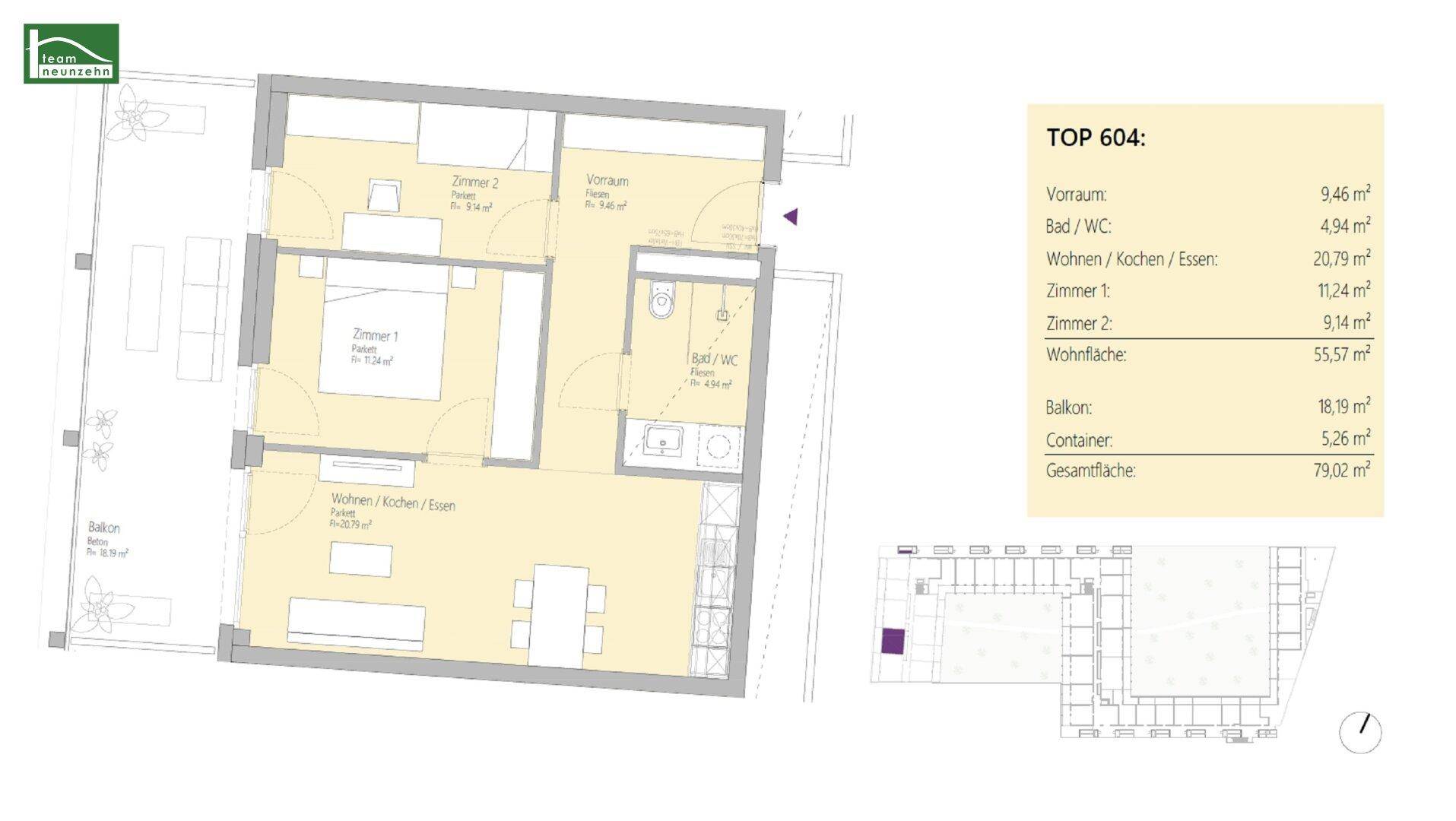 Grundriss der Wohnung TOP 604 mit Raumaufteilung und Flächenangaben.